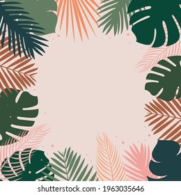 Palm leaves Vector illustration with copy space Different tropical leaves and plants on light pink background Flat design