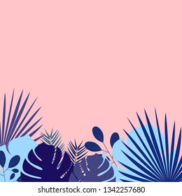 Palm leaves Vector illustration Different tropical leaves in blue shades on a pink background Poster template with copy space