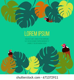 Palm leaves Vector illustration Poster template with colorful tropical palm leaves on green background with tropical birds and space for text Trendy postcard template, text place, copy space