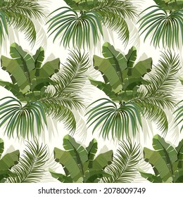 Palm leaves in vector pattern.Beautiful palm leaves on colored background with shadow in a seamless vector pattern.