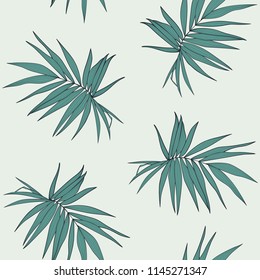 Palm leaves vector seamless pattern with deep green color on the light background