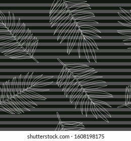 Palm leaves vector seamless pattern on black background. Collection of tropical leaves, print for logo, clothes, cloth, textile, swimwear, fabric, fashion, paper. Cute and bright summer background.