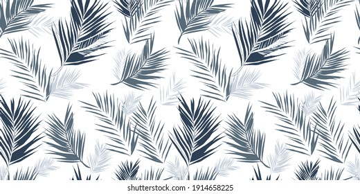 Palm leaves vector seamless repeating pattern on white background with grey, olive green, navy soft pastel colours line art, abstract pattern with tropical leaves drawing great for textile, fabric