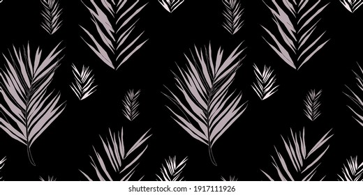 Hojas de palma vectorial sin fisuras patrón de repetición , diseño de verano tropical sobre fondo negro con colores pastel rosa patrón de lujo grandioso para textil, tela, papel pintado, fondo, vestido, ropa de cama