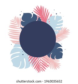 Palm leaves Vector template with copy space in flat design Dark round empty shape with frame of tropical plants isolated on white backdrop