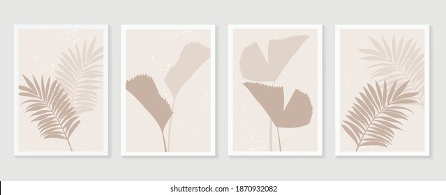 Palm leaves wall art vector set. Earth tone boho foliage line art drawing with  abstract shape.  Tropical Plant Art design for print, cover, wallpaper, Minimal and  natural wall art.