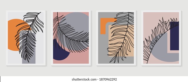 Juego de vectores de arte de las hojas de palma. Tono de la Tierra dibujo de líneas de follaje boho con forma abstracta.  Diseño de arte tropical vegetal para la impresión, cubierta, papel pintado, arte de pared mínimo y natural.