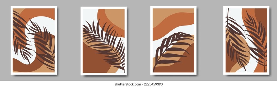 Palm leaves wall art vector set. Earth tone boho foliage line art drawing with abstract shape.