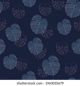 Palm leaves wallpaper Vector illustration in line style Seamless pattern with gold line leaves of monstera on dark blue background