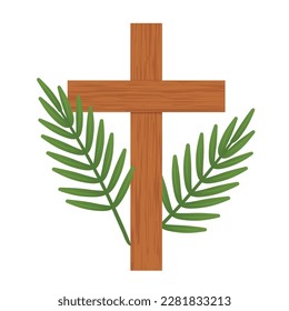 palm leaves and wooden cross, Easter, Palm Sunday symbol- vector illustration