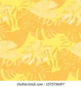 Palm Leaves. Yellow Seamless Pattern with Leaves of jungle Trees. Retro Texture for, Fabric, Swimwear, Curtain. Bright Leaves of Palm Tree.