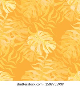 Palm Leaves. Yellow Seamless Pattern with Leaves of exotic Trees. Modern Texture for, Cloth, Paper, Dress. Bright Leaves of Palm Tree.
