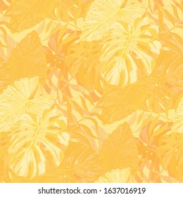 Palm Leaves. Yellow Seamless Pattern with Leaves of tropical Trees. Retro Texture for, Curtain, Underwear, Dress. Bright Leaves of Palm Tree.