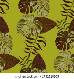 Palm Leaves. Yellow Seamless Pattern with Leaves of jungle Trees. Trendy Texture for, Cloth, Tablecloth, Wallpaper. Bright Leaves of Palm Tree.