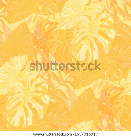 Palm Leaves. Yellow Seamless Pattern with Leaves of tropical Trees. Retro Texture for, Curtain, Underwear, Dress. Bright Leaves of Palm Tree.