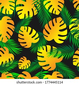 Palm leaves.Tropical pattern of green and yellow leaves on a black background. Seamless pattern Vector background