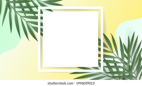 Palm left with paper frame for text on blue and yellow background, illustration vector eps 10