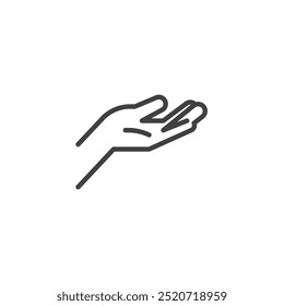 Ícone de linha Palm Up. Sinal de estilo linear para conceito móvel e design da Web. Ícone de vetor de contorno da palma para cima da mão. Solicitar ou pedir símbolo, ilustração de logotipo. Gráficos vetoriais