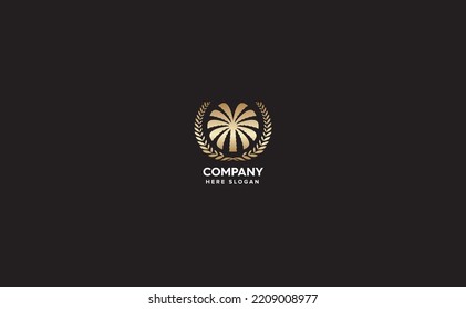 Palm logo creation idea. Golden wreath with coconut tree illustration. Luxury vector logo