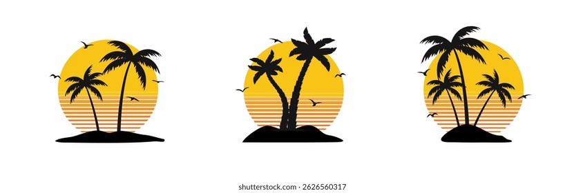Palm logo sunset beach vector icon. Sunrise island sea tropical water sunset palm summer round icon set.