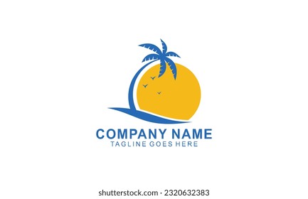 palm logo vector with sun and wave