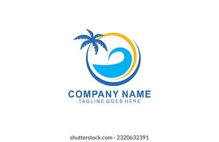 palm logo vector with sun and wave