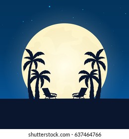 Palm And Lounge Chair Silhouette. Banner With Moon On The Night Background. Vector Illustration