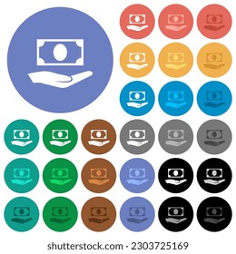 Palm and money multi colored flat icons on round backgrounds. Included white, light and dark icon variations for hover and active status effects, and bonus shades.