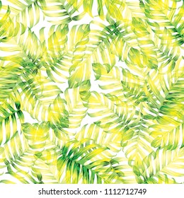Palm Monstera Exotic Seamless Pattern. Green White Tropical Summer Background. Beach Jungle Leaves for Swimwear Design. Lei Rapport. Vintage Hawaiian Print. Tropic Textile Texture.  Botanic tile.