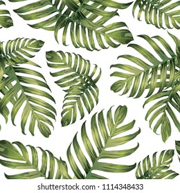 Palm Monstera Exotic Seamless Pattern. Green White Tropical Summer Background. Beach Jungle Leaves for Swimwear Design. Lei Rapport. Retro Hawaiian Print. Exotic Texture. Botanic tiling.