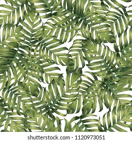 Palm Monstera Exotic Seamless Pattern. Green White Tropical Summer Background. Beach Jungle Leaves for Swimwear Design. Lei Rapport. Retro Hawaiian Print. Exotic Texture. Botanic tile.