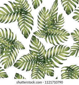 Palm Monstera Exotic Seamless Pattern. Green White Tropical Summer Background. Beach Jungle Leaves for Swimwear Design. Retro Hawaiian Print. Tropic Textile Texture.  Botanic tiling.