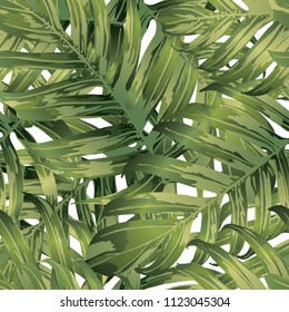 Palm Monstera Exotic Seamless Pattern. Green White Tropical Summer Background. Beach and Jungle Leaves for Swimwear Design.  Lei Rapport. Retro Hawaiian Print. Tropic Textile Texture.  Botanic tile.