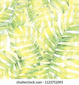 Palm Monstera Exotic Seamless Pattern. Green White Tropical Summer Background. Beach and Jungle Leaves for Swimwear Design.  Lei Rapport. Retro Hawaiian Print. Exotic Texture. Botanic tiling.