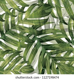 Palm Monstera Exotic Seamless Pattern. Green White Tropical Summer Background. Beach and Jungle Leaves for Swimwear Design.  Lei Rapport. Retro Hawaiian Print. Tropic Textile Texture.  Botanic tile.