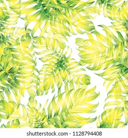 Palm Monstera Exotic Seamless Pattern. Green White Tropical Summer Background. Beach Jungle Leaves for Swimwear Design. Lei Rapport. Retro Hawaiian Print. Exotic Texture. Botanic tile.