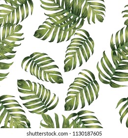 Palm Monstera Exotic Seamless Pattern. Green White Tropical Summer Background. Beach Jungle Leaves for Swimwear Design. Lei Rapport. Retro Hawaiian Print. Tropic Textile Texture.  Botanic tiling.