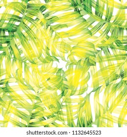 Palm Monstera Exotic Seamless Pattern. Green White Tropical Summer Background. Beach and Jungle Leaves for Swimwear Design.  Lei Rapport. Retro Hawaiian Print. Tropic Textile Texture.  Botanic tiling.
