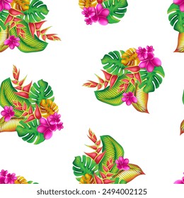 Palm monstera leaves with hibiscus and pink plumeria flowers abstract background. Trendy summer exotic flower print. Tropical  exotic flower set.