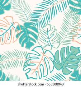 Palm and monstera leaves on the white background. Vector seamless pattern with tropical plants. Jungle foliage illustration. Green and orange.