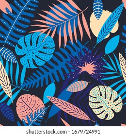 Palm, monstera leaves seamless pattern. Summer tropical leaf. Geometric backdrop. Exotic hawaiian jungle, summertime background in pastel colors