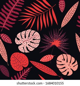 Palm, monstera leaves seamless pattern. Summer tropical leaf. Geometric backdrop. Exotic hawaiian jungle, summertime background in pastel colors