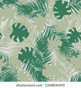 Palm and monstera leaves seamless pattern design. Tropical leaves branch and monstera summer pattern design. Tropical floral pattern background. Trendy Brazilian illustration. 