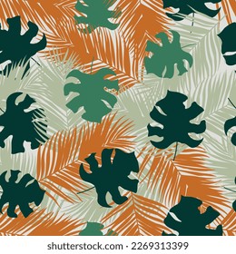 Palm and monstera leaves seamless pattern design. Tropical leaves branch and monstera summer pattern design. Tropical floral pattern background. Trendy Brazilian illustration. 