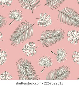 Palm and monstera leaves seamless pattern design. Tropical leaves branch and monstera summer pattern design. Tropical floral pattern background. Trendy Brazilian illustration. 