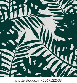 Palm and monstera leaves seamless pattern design. Tropical leaves branch and monstera summer pattern design. Tropical floral pattern background. Trendy Brazilian illustration. 