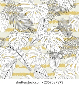 Palm and monstera leaves in a seamless pattern on a light background.