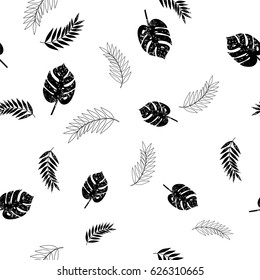 Palm monstera leaves seamless pattern. Vector background. Wrapping paper. Black and white.