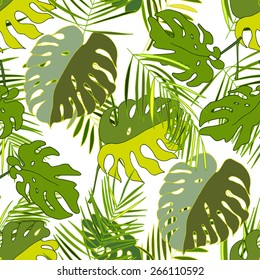 Palm and monstera leaves seamless vector background.  