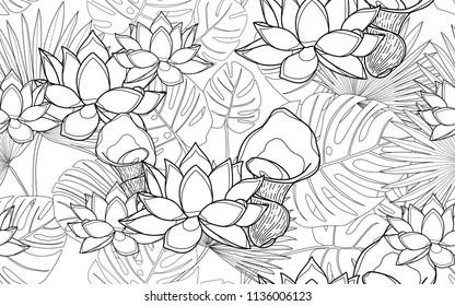 Palm, monstera and lotus flowers. Big leaves and exotic flowers composition. Vector illustration. Botanical seamless wallpaper. Digital nature art. Cartoon style sketch. White background.